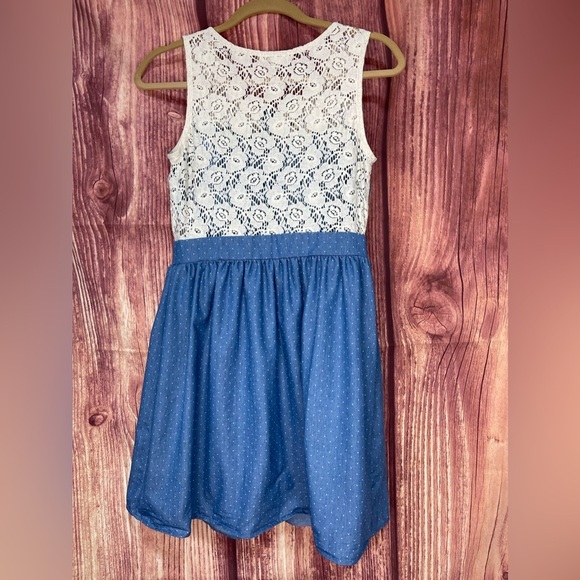 Monteau cream lace blue cotton sleeveless button boho country mini dress size M - Picture 13 of 17